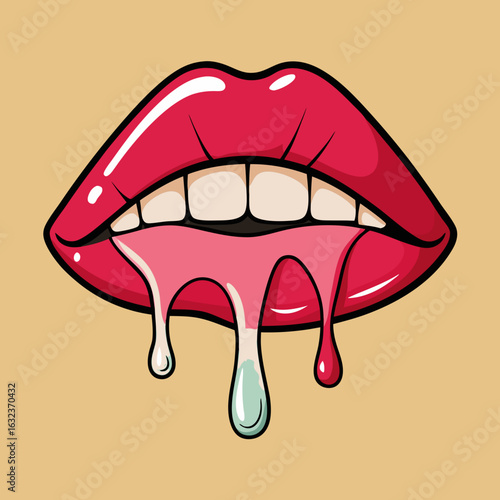 Red dripping girl lips. Woman bleeding sexy red mouth editable style vector illustratio