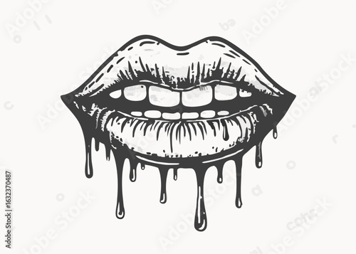 Woman bleeding sexy red mouth. Melting kiss with lipstick vintage style Minimalist concept vector illustration