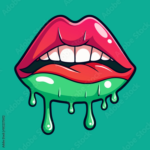 Red dripping girl lips. Woman bleeding sexy red mouth. Melting kiss with lipstick, Valentines, mothers day logo vector illustration