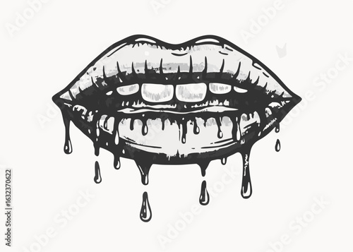 Woman bleeding sexy red mouth. Melting kiss with lipstick vintage style Minimalist concept vector illustration