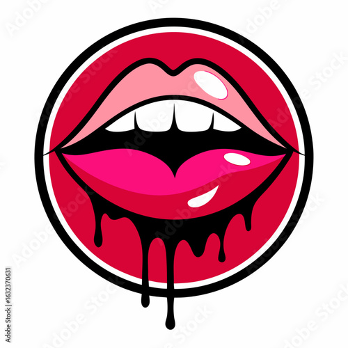 Red dripping girl lips. Woman bleeding sexy red mouth. Melting kiss with lipstick, Valentines, mothers day logo vector illustration