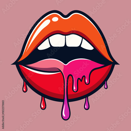 Red dripping girl lips. Woman bleeding sexy red mouth. Melting kiss with lipstick, Valentines, mothers day logo vector illustration