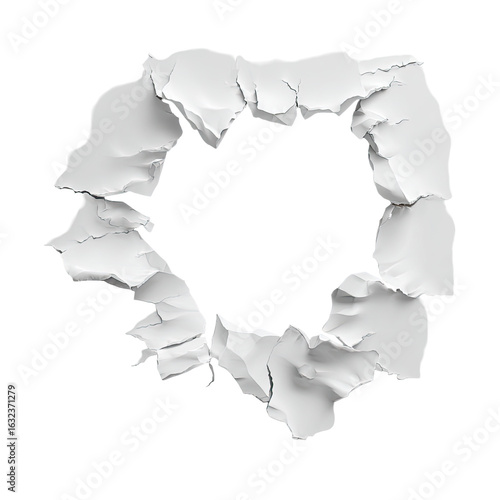 A circular hole punched through white paper,  showing textured, crumpled edges
