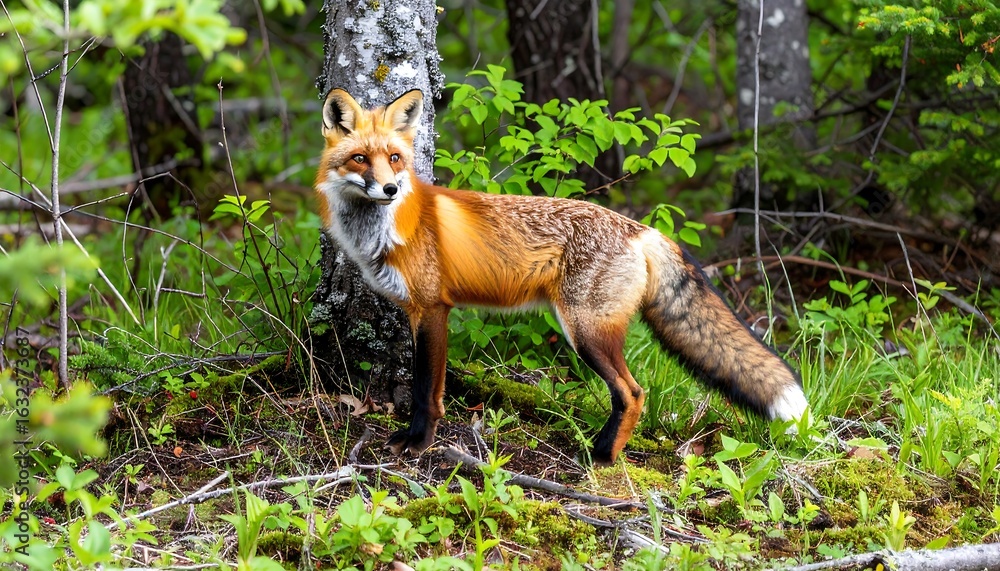 Fototapeta premium Vibrant red fox amidst the lush greenery of a boreal forest habitat on a summer day