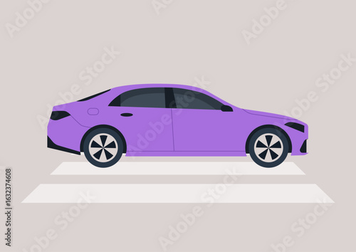 A car occupying a pedestrian crossing in a quiet urban area during daylight hours, clearly emphasizing the disregard for pedestrian right of way