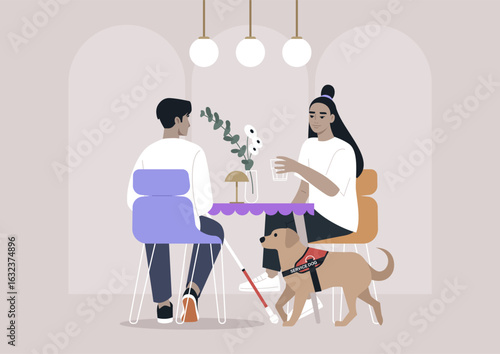 Two individuals at a cozy Cafe, surrounded by soft lighting and cheerful decor, one of them holding a white cane,  a service dog by their side creating a safe atmosphere