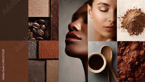 Moodboard with a brown color palette. Beauty portraits, coffee and cocoa textures. Design and inspiration with a focus on diversity and earthy tones.