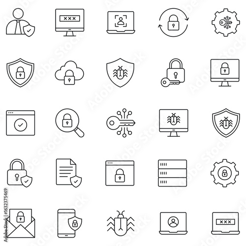 Cyber security protection, safe access, digital privacy, web authentication, malware defense, data encryption, system safeguard vector icon