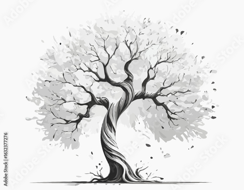 trees have dark brown trunks and branches. Their foliage consists of numerous white, geometric leaf-like shapes, creating a stark contrast against the dark wood (1)