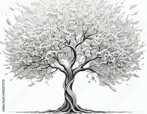 trees have dark brown trunks and branches. Their foliage consists of numerous white, geometric leaf-like shapes, creating a stark contrast against the dark wood (1)