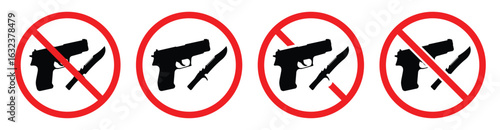 No Guns and Weapons Allowed Prohibition Sign – Vector Illustration of Firearms and Weapon Ban Symbols.