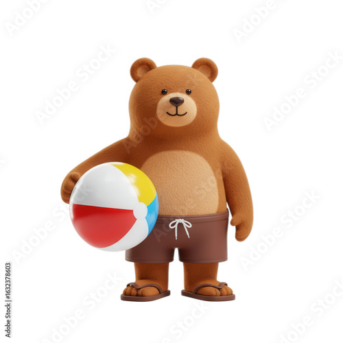 Cartoon bear with beach ball wearing shorts isolated on transparent background