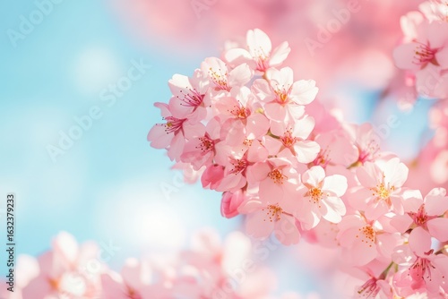 Cherry blossoms in full bloom, blue sky