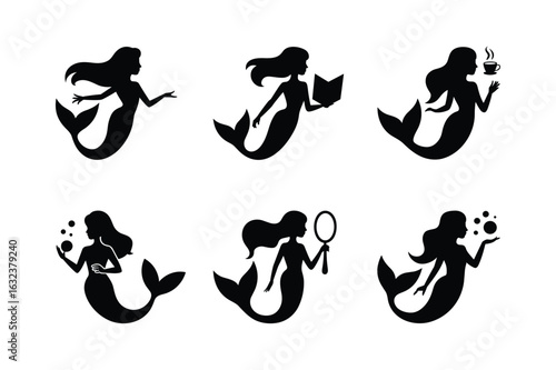 Black silhouettes of mermaids engaged in various activities white reading