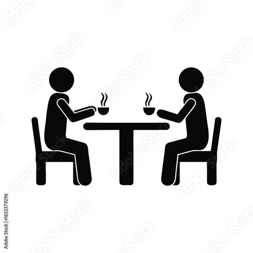 Two businesspeople sitting with tea or coffee in a cafe Office breakroom silhouette vector icon illustration on white background minimalist flat bold black