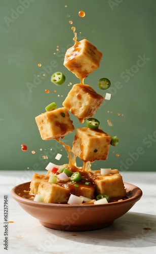 An Aerial Freeze of Tahu Gejrot — Crispy Fried Tofu Cubes with a Drizzle of Sweet and Spicy Tamarind Sauce and Sliced Chilies, Captured Dynamically Above a Clay Bowl