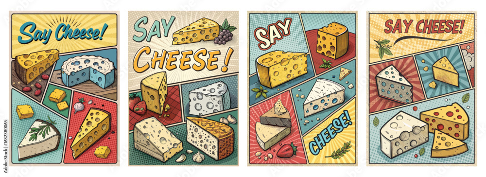 Obraz premium Set of four posters featuring cheese types in a vibrant comic book style with playful backgrounds