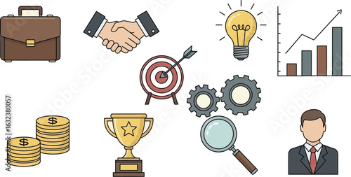 Illustration of business elements including handshake, target, money, and a lightbulb icon