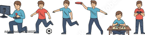 Illustration of boys engaging in various activities such as gaming and outdoor sports on a white background