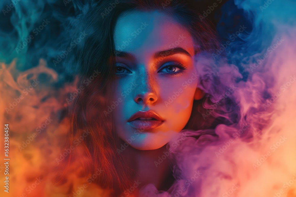 Fototapeta premium Woman in colorful smoke with intense gaze