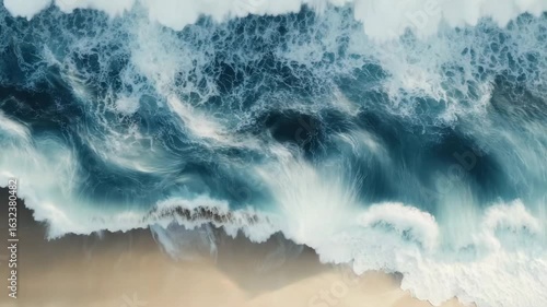 Top-down view of a sandy beach with blue water and waves, web banner design with copy space on the right for text or graphics.