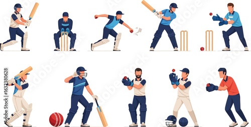 Various cricket players in different poses with bats balls and wickets on a white background