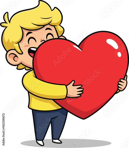 A cartoon boy with blond hair happily hugging a large red heart on a white background illustration