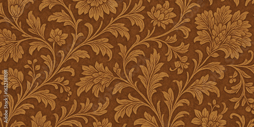 Abstract Intricate floral patterned wallpaper in warm brown tone background with texture.