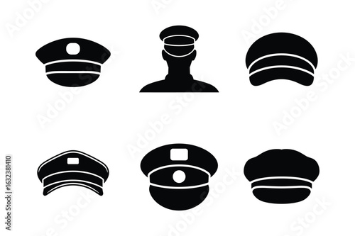 Black uniform caps and head silhouettes vector