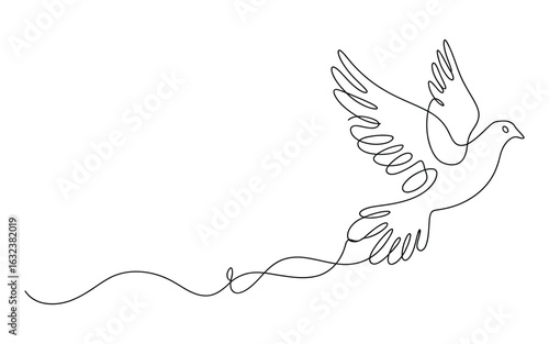Elegant single line drawing of a dove in flight with a ribbon