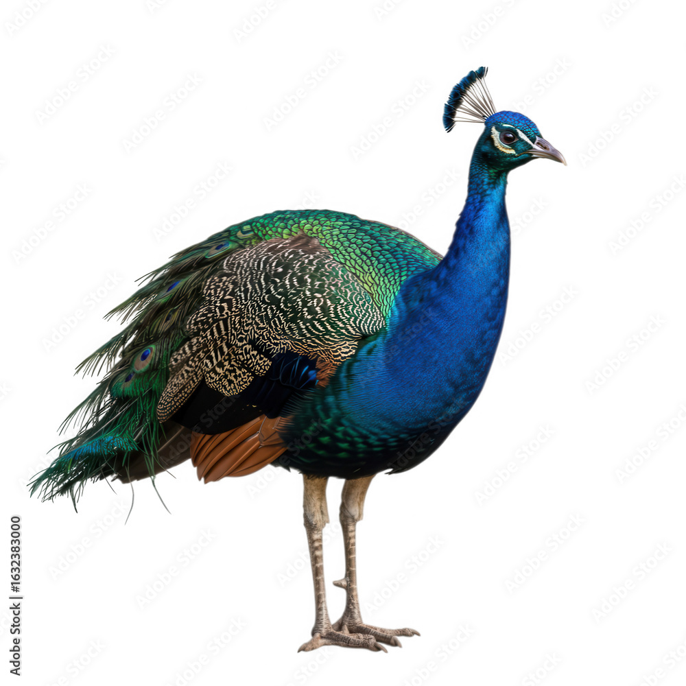 Naklejka premium Beautiful peacock with vibrant plumage standing tall isolated on transparent background