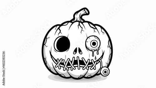 Grotesque Halloween Pumpkin with Stitched Mouth and Dangling Eyeball