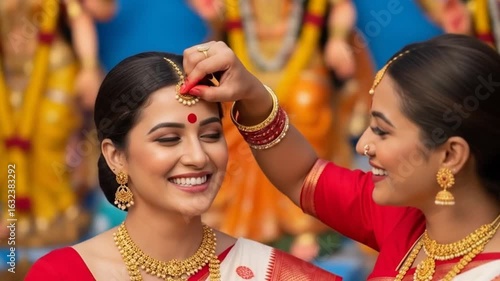 Two women in red and white sarees celebrate a durga puja vijayadashami festive occasion, applying red vermilion on each other foreheads.