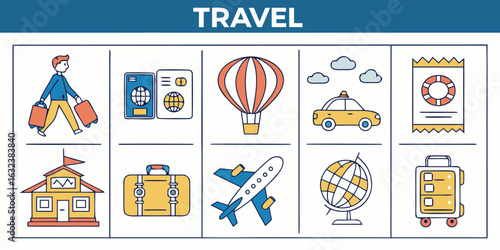 Vector art of travel icons representing various aspects of tourism and vacation isolated on white background