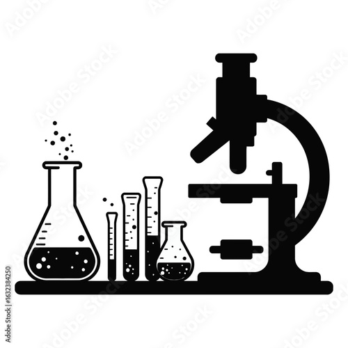 Science lab equipment microscope and glassware vector illustration for education research and analysis on transparent background silhouette