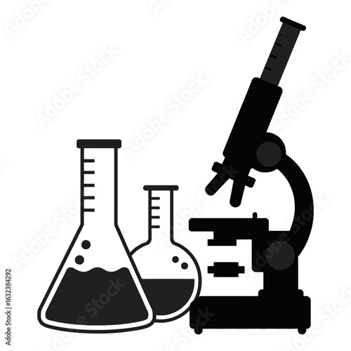 Science lab equipment vector illustration featuring microscope and flasks for scientific research and study on transparent background silhouette