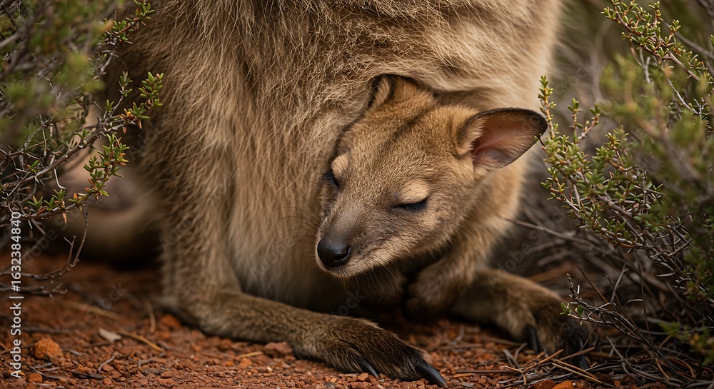 Naklejka premium Adorable wallaby joey peacefully sleeps nestled safely in its mother's pouch in the Australian outback
