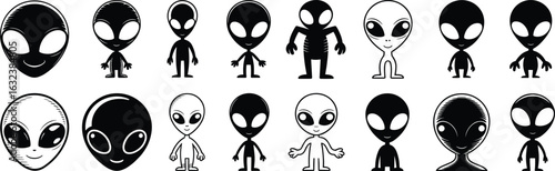 Alien character vector set, black and white illustration, humanoid design, cartoon and stylized heads, sci-fi creature graphic, extraterrestrial artwork