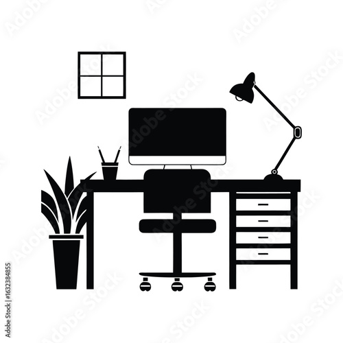 Black and white desk setup icon with computer and chair—ideal for online work, virtual meetings, and interior office design elements.