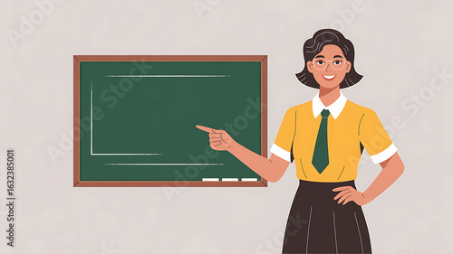 Woman teacher points to a chalkboard, ready to teach.
