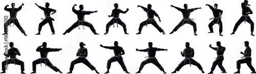 Martial arts silhouette vector set, uniformed fighters in poses, strikes, stances, defense techniques, belt levels, training movement graphic illustration