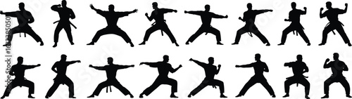 Martial arts silhouette vector set, offensive and defensive poses, punches, blocks, stances, training movement graphic, combat technique illustration design