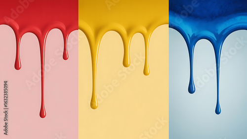 Dripping paint in red, yellow, and blue. Colors flowing downward.
