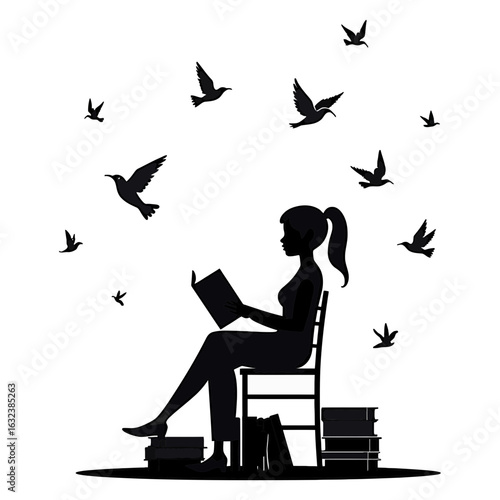 Silhouette reading woman with birds flying vector art for book lovers and reading enthusiasts design idea on transparent background