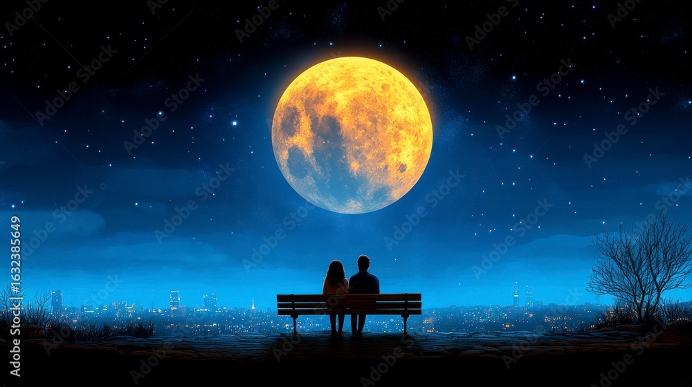 Fototapeta premium Pixel Art Couple Silhouetted Against a Giant Yellow Moon and Starry Night Sky