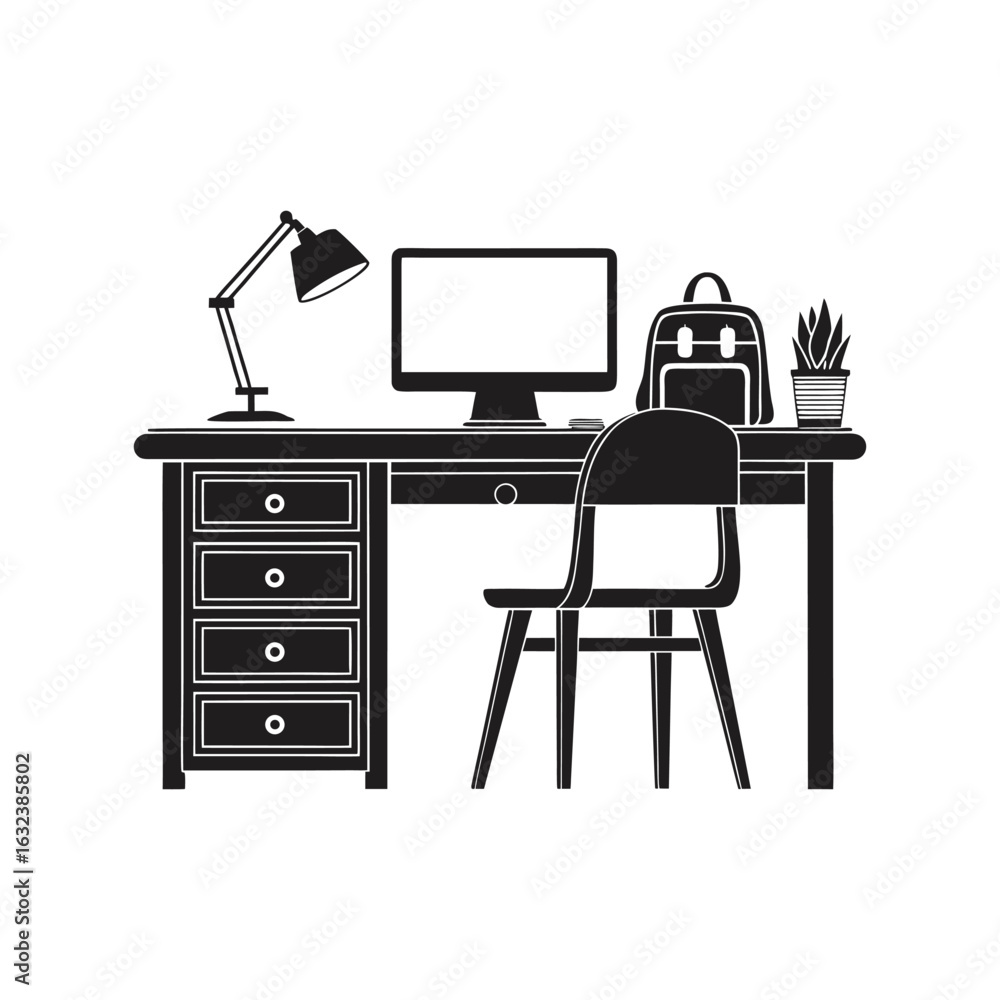 Fototapeta premium Modern office setup vector in silhouette style, showing desk, monitor, keyboard, and chair—ideal for business or educational use.