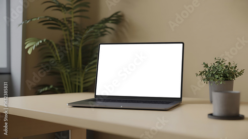 Laptop on a desk, surrounded by plants. Empty screen.
