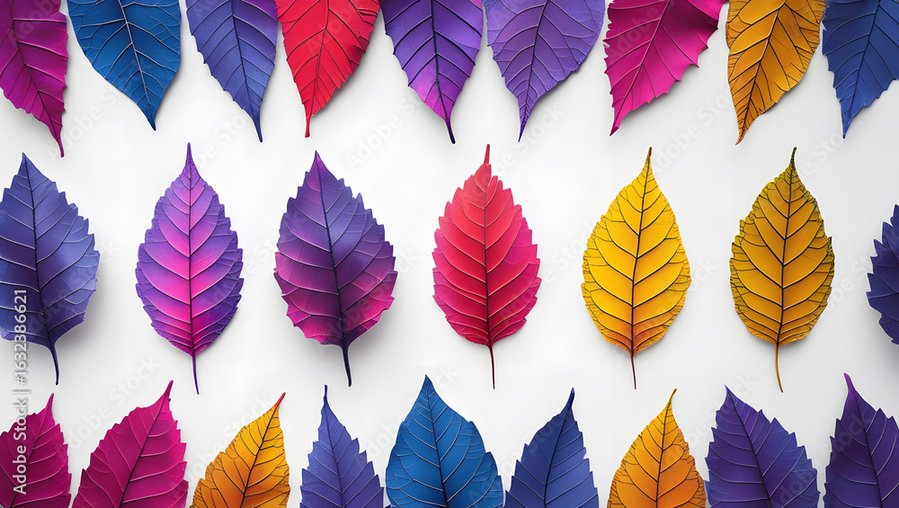 Obraz premium Seamless bottom border of colorful skeleton leaves with detailed vein patterns in vibrant hues on a pure white background, minimal flat lay composition with empty copy space above