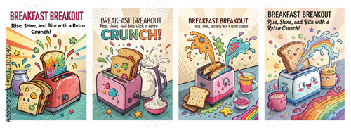Set of four posters featuring retro breakfast ads with colorful toast and cheerful morning themes