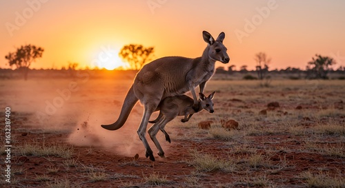 Mother kangaroo carries joey while leaping across dusty outback landscape at sunset
